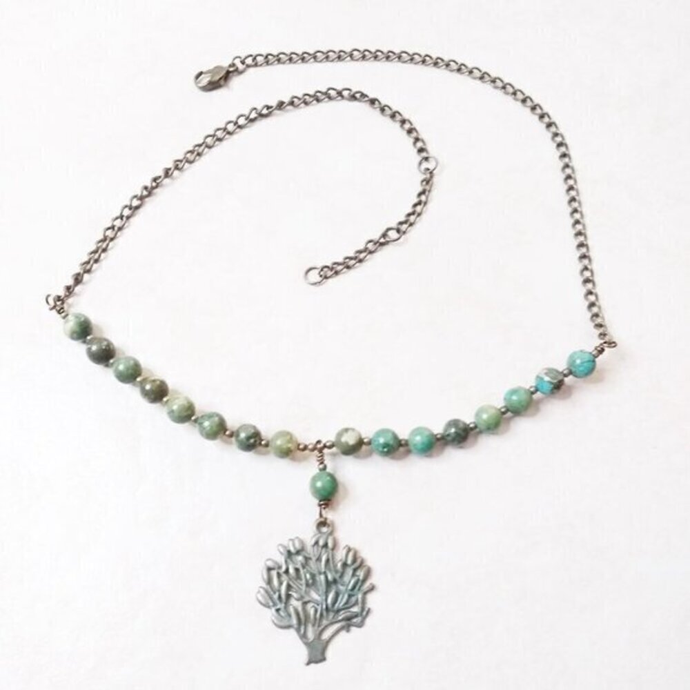 Dark Green Jasper Beaded "Tree of Life" Necklace Choker 16-18" - Forest Magic